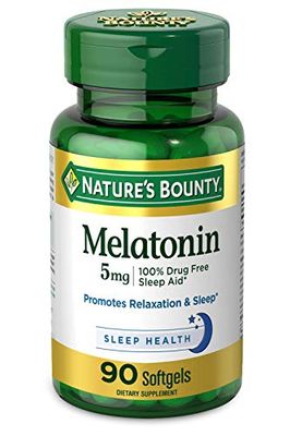 Nature&#39;s Bounty Melatonin, 100% Drug Free Sleep Aid, Dietary Supplement, Promotes Relaxation and Sleep Health, 5mg, 90 Softgels (Pack of 2)