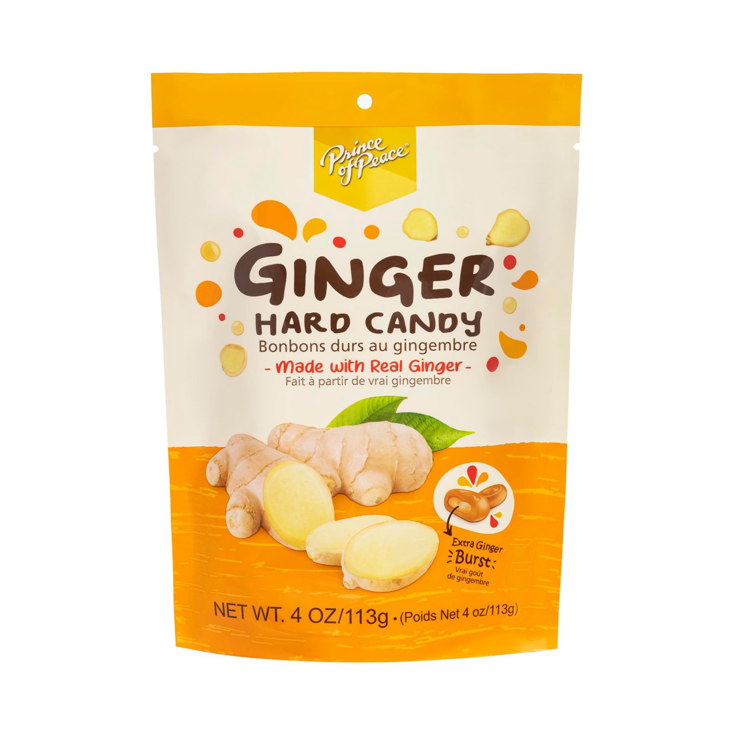 Prince of Peace Ginger Hard Candy with Center-Filled Ginger Burst, Made with Real Ginger, 4 oz Bag - Bold and Spicy Flavor, Natural Digestive Aid, Individually Wrapped