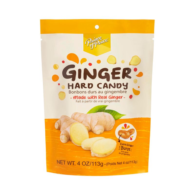 Prince of Peace Ginger Hard Candy with Center-Filled Ginger Burst, Made with Real Ginger, 4 oz Bag - Bold and Spicy Flavor, Natural Digestive Aid, Individually Wrapped