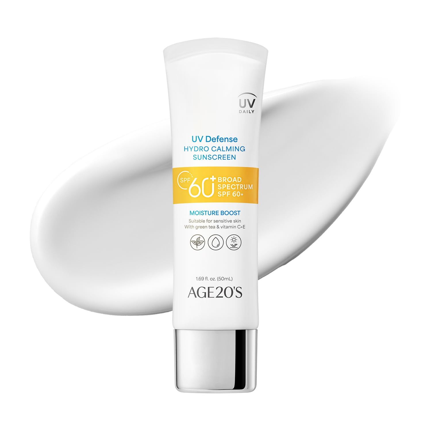 AGE20&#39;S UV Defense Hydro Calming Sunscreen SPF 60 Korean Sunscreen Moisturizing Creamy Formula, No White Cast, Lightweight Finish Green Tea Aloe Vera Dermatest Excellent 1.69 fl.oz1