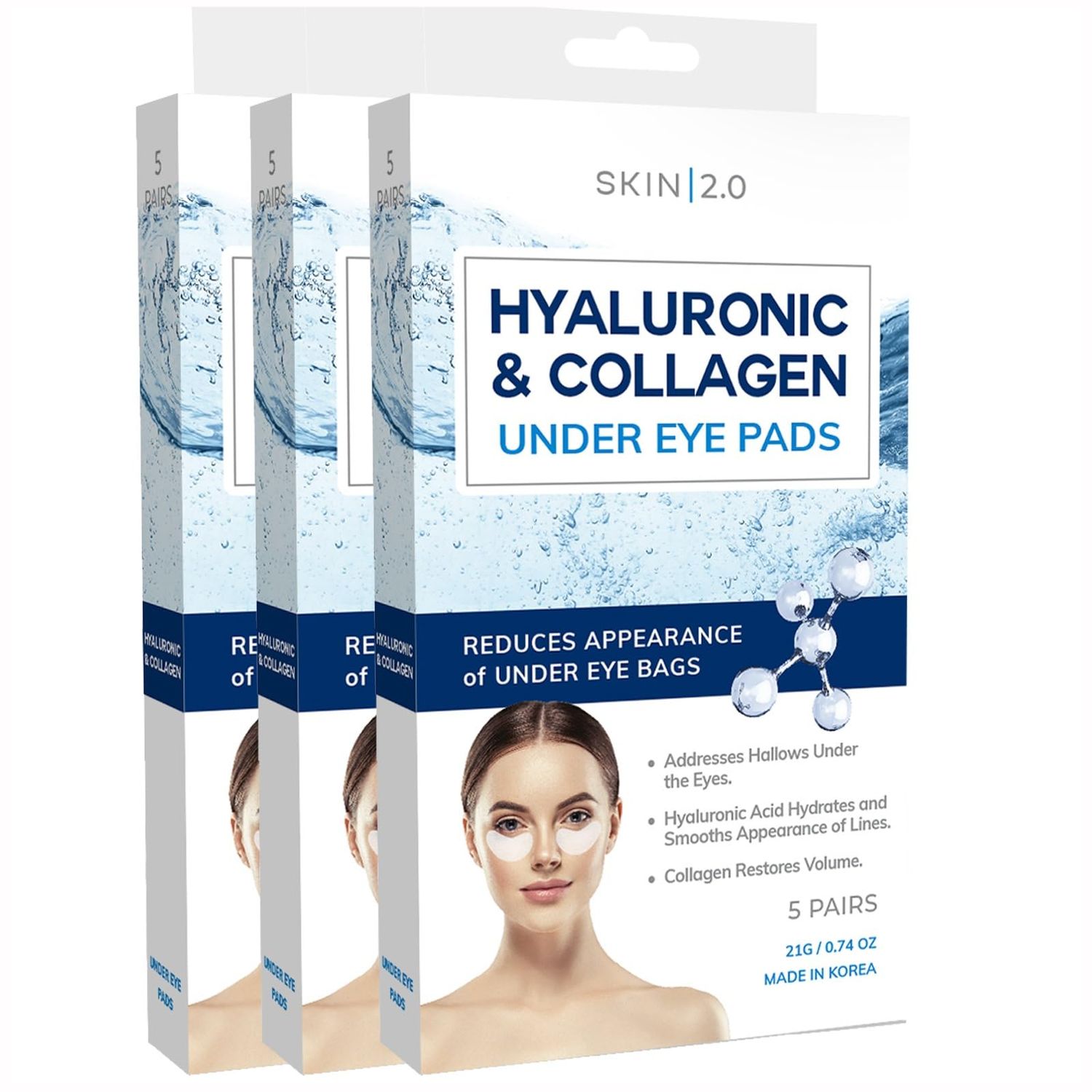 Skin 2.0 Hyaluronic Acid &amp; Collagen Under Eye Patches - Dermatologist Tested, Hydrating, Reduces Bags &amp; Wrinkles - Anti-Aging, Clean Beauty, Cruelty-Free Korean Skincare for All Skin Types - 15 Pairs
