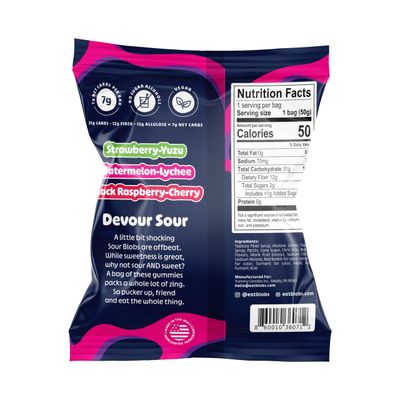 Blobs SOUR Gummy Candy Low Sugar &amp; Low Calorie- No Sugar Alcohols, Vegan, No Dyes- Watermelon-Lychee, Black Ras Cherry, Strawberry Yuzu- (Pack of 6) Mixed Bag, All Three Flavors Per Bag