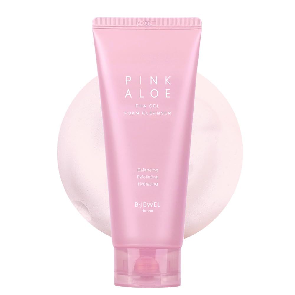 BJEWEL Korean Skincare Pink Aloe Gel Foam Cleanser 150ml - PHA Daily Face Wash With 52,000ppm Pink Aloe - Hydrating &amp; Exfoliating Cleanser for Sensitive Skin - Removes Impurities Without Stripping