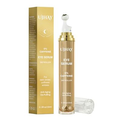 UJHAY 5% Caffeine Eye Cream, Under Eye Serum for Dark Circles, Puffiness &amp; Wrinkles Fine Lines, Eye Roller Serum with 360 Massage Ball, Eye Treatment Balm for Men &amp; Women