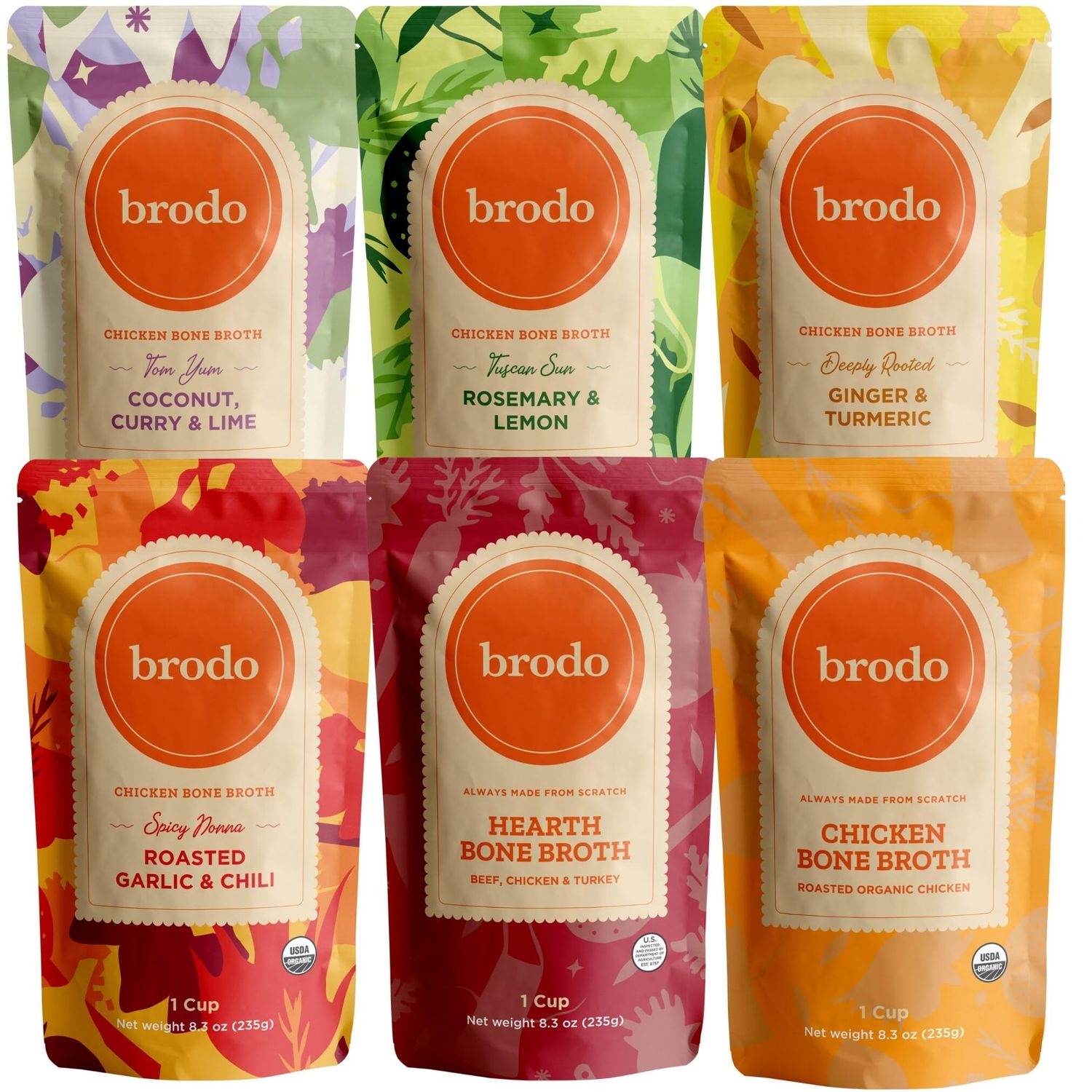 Brodo Broth Variety Pack 1 Chicken, 1 Hearth, 1 Deeply Rooted, 1 Spicy Nonna, 1 Tom Yum, 1 Tuscan Sun Single Serving Pouches Not Made From Concentrate, No Preservatives (6x 8.3 oz Pouches)
