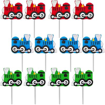 Train Shaped Lollipops - 12 Individually Wrapped Candy Suckers for Train Birthday Party Favors for Kids - Goodie Bags and Candy Bar - Hand Decorated Pops