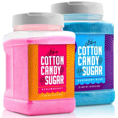 The Candery Cotton Candy Floss Sugar 32oz (2-Pack) Includes Raspberry Blue and Strawberry Plastic, Reusable Jars Easy Pour Spout or Scoop 2 LBS Jars