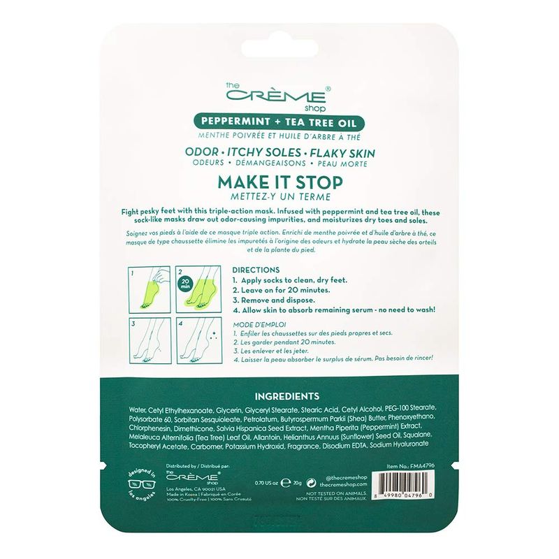 The Crme Shop Refresh &amp; Replenish Foot Mask, Peppermint and Tea Tree Foot Mask for Itchy Feet Relief, Antibacterial Foot Mask Made in Korea, Natural Foot Deodorizer