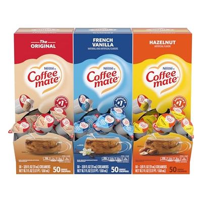 Nestle Coffee mate Creamer Singles Variety Pack, Original, French Vanilla, Hazelnut, Non Dairy, No Refrigeration, 0.375 fl oz Tubs, 150 Count (Pack of 50 Per Flavor)