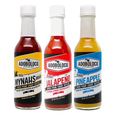 Adoboloco Hot Sauce - Mild to Hot - 3-Pack 5oz Bottles (Mild-Medium 3 Pack) Variety Set Featuring - Jalapeno, MYNAHS BRAH and Pineapple