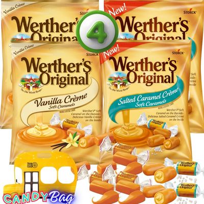 (PACK OF 4) Werther Original Salted Caramel Creme and Vanilla Crme Soft Caramels Candies - 2 Bags of Each - One Resealable Candies ZipBag from Think Candy Included (SaltedVanilla)