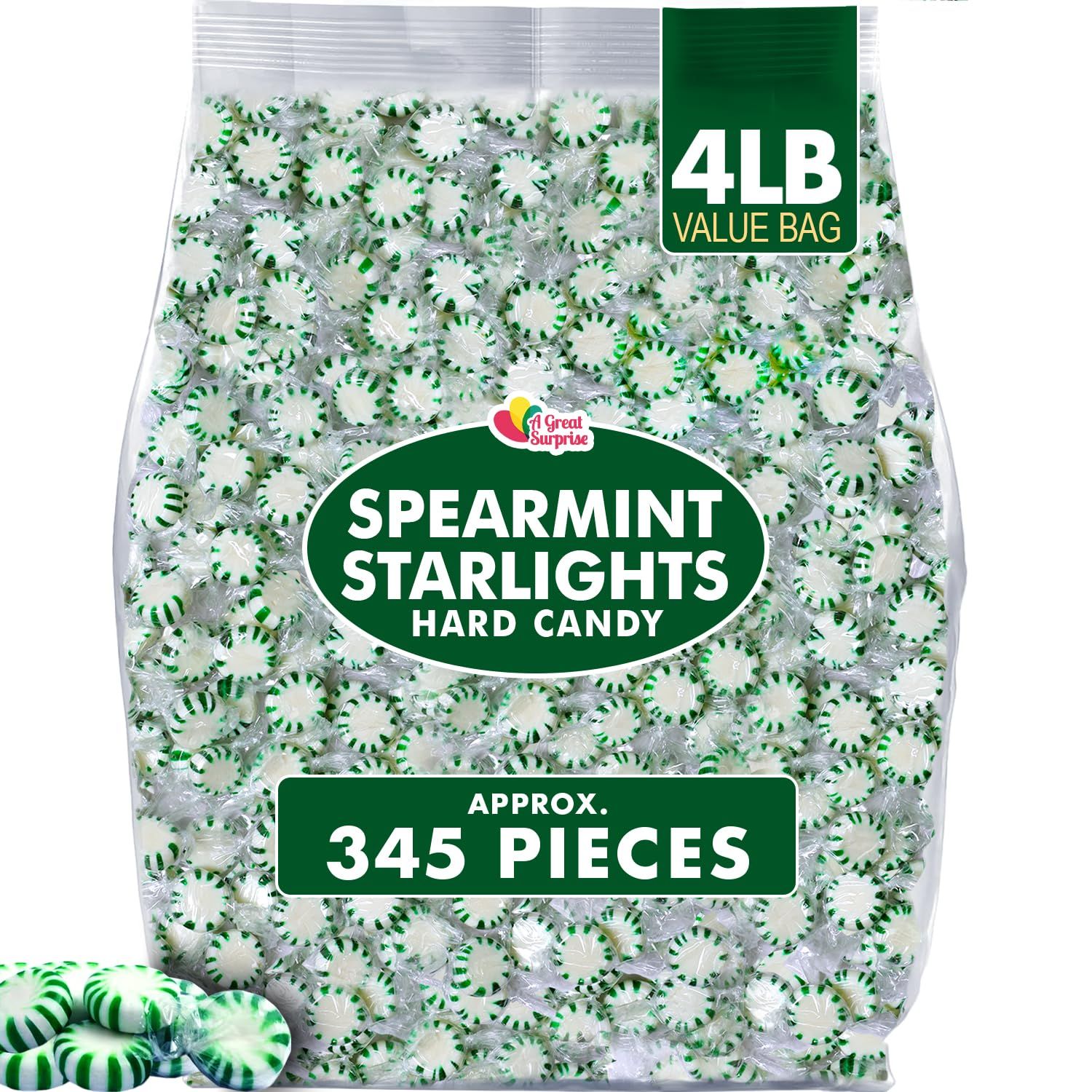 Spearmint Starlight Mints - 4-Pound Bulk Bag - Individually Wrapped - Green and White Hard Candies for Office, Reception