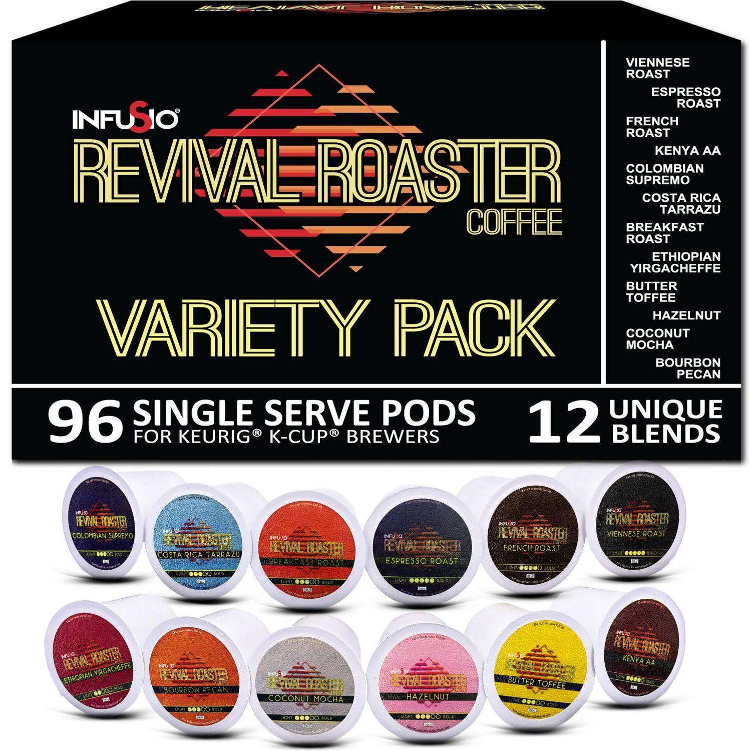 InfuSio Coffee pods 96 Count Variety Pack 12 amazing Medium and Dark Roast blends and Flavored Single Serve Coffee pods for Keurig K cups Brewers - InfuSio Revival Roaster Premium Roasted