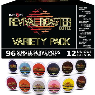 InfuSio Coffee pods 96 Count Variety Pack 12 amazing Medium and Dark Roast blends and Flavored Single Serve Coffee pods for Keurig K cups Brewers - InfuSio Revival Roaster Premium Roasted