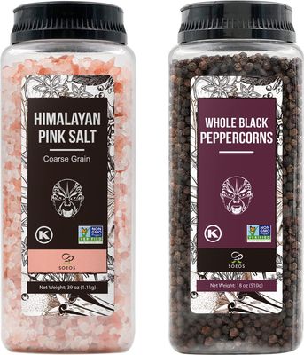 Soeos Himalayan Pink Salt 39 oz Whole Black Peppercorns 18 oz, Coarse Grain, Kosher Salt for Grinder Refill, Salt and Pepper Grinder, Non-GMO Verified, Spice Seasoning Set for Cooking