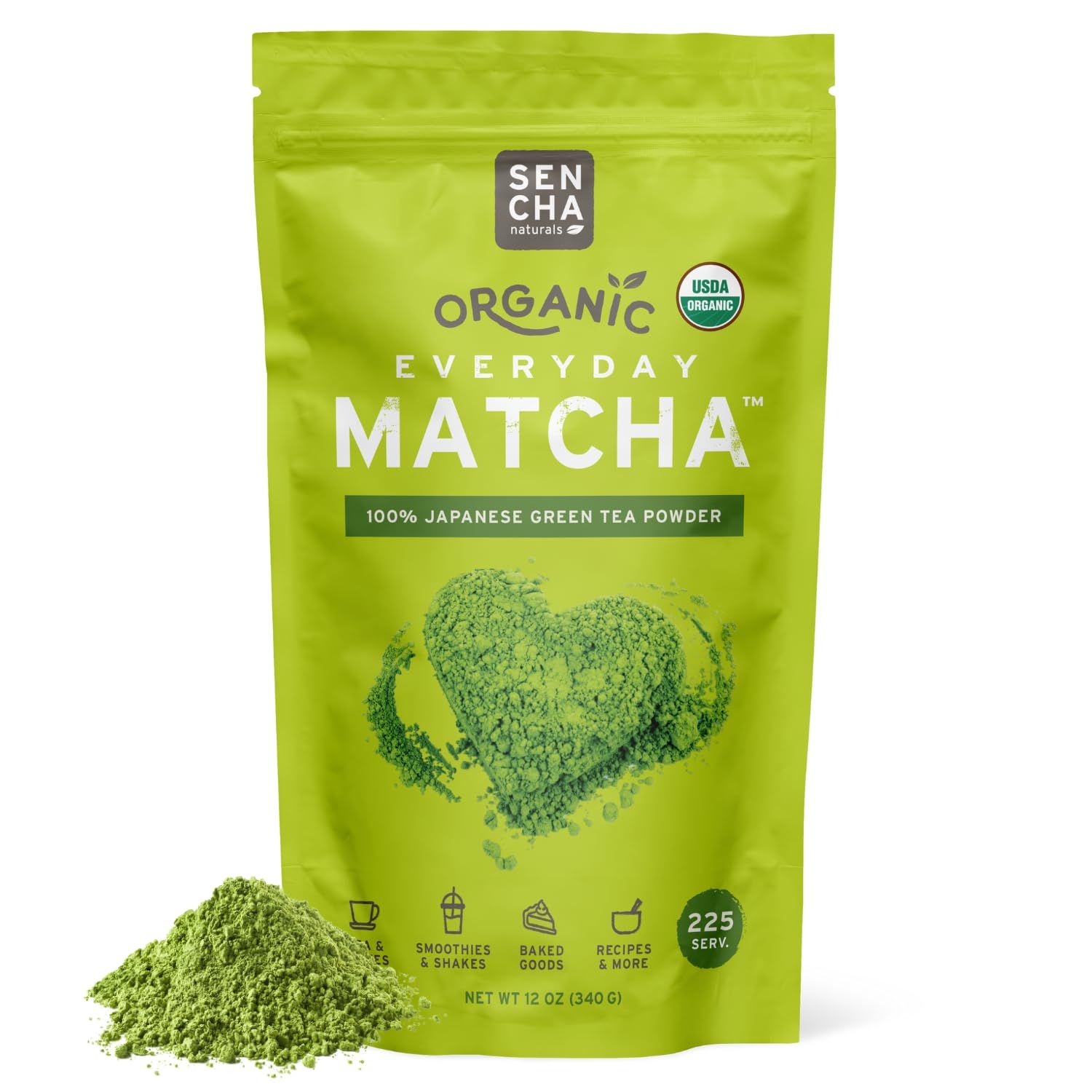 SEN CHA Naturals Organic Everyday Matcha Powder, Authentic Japanese Green Tea, Premium First &amp; Second Harvest Culinary and Ceremonial Grade Matcha Powder, Lattes &amp; Baking, 12oz Bag (1 Pack)