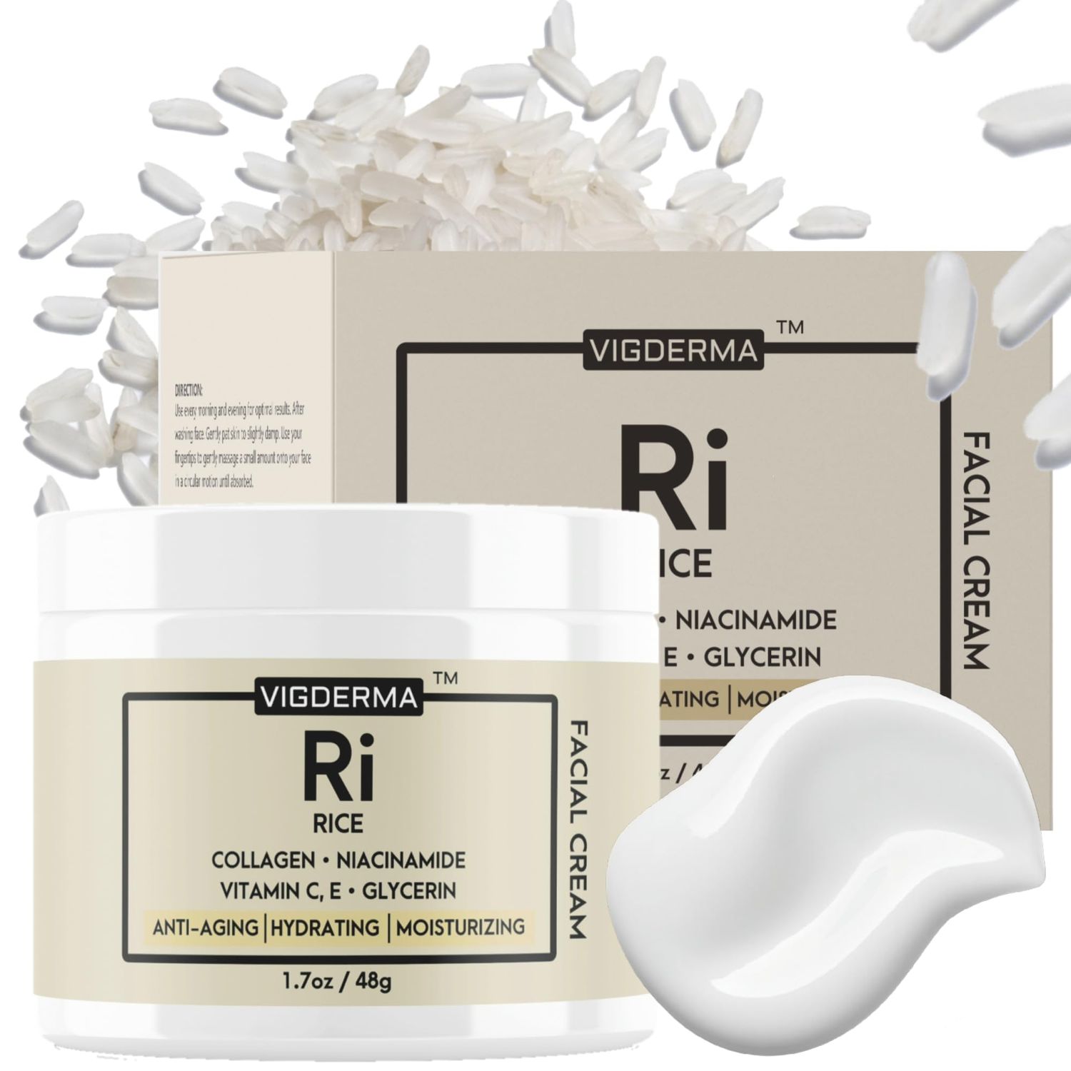 VIGDERMA Rice Facial Light Cream 1.7oz, Rice Bran Essence with Collagen, Niacinamide, Vitamin C, Glowing Look, Improves Moisture Skin Barrier, Nourishes Deeply, K Beauty