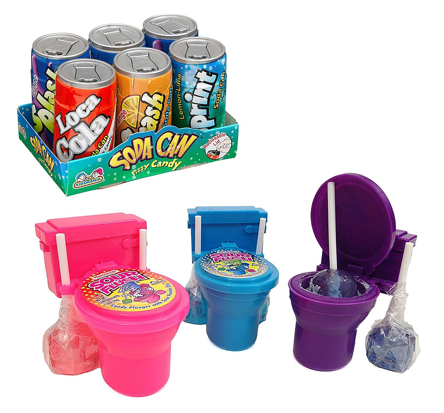 Kids Novelty Candy Set- 1 Kidsmania Soda Can Fizz Playset, 1.48 oz (1-Pack of 6) and Kidsmania Sour Flush Watermelon, Grape and Blue Raspberry Lollipops and Powder 3-Pack