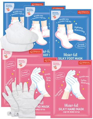 DERMAL Moistfull Silky Foot Socks &amp; Hand Gloves Mask Combo 6 Pack - for Dry Feet and Hands - Home Spa Treatment - Dermatologist Tested, Cruelty Free, Korean Beauty