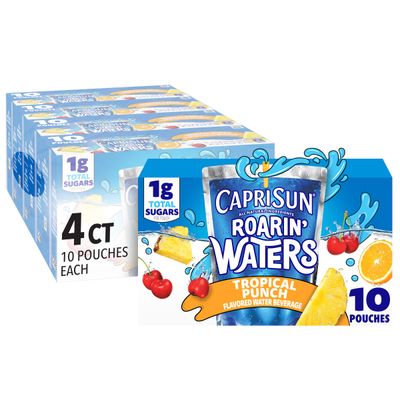 Capri Sun Roarin&#39; Waters Tropical Punch Flavored with other natural flavor Water Beverage, 40 ct Pack, 4 Boxes of 10 Drink Pouches