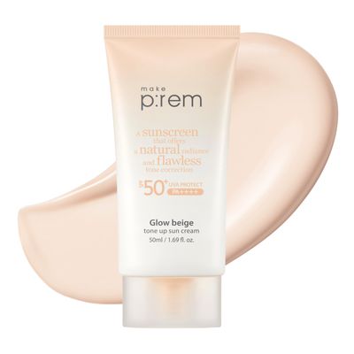 MAKE P:REM Glow Beige Tone Up Sunscreen, Foundation-Free Mineral Sunscreen, Skin Tone Correction, Lightweight, Korean Sunscreen, Korean Skin Care, SPF 50, 1.69 Fl. Oz. 50ml