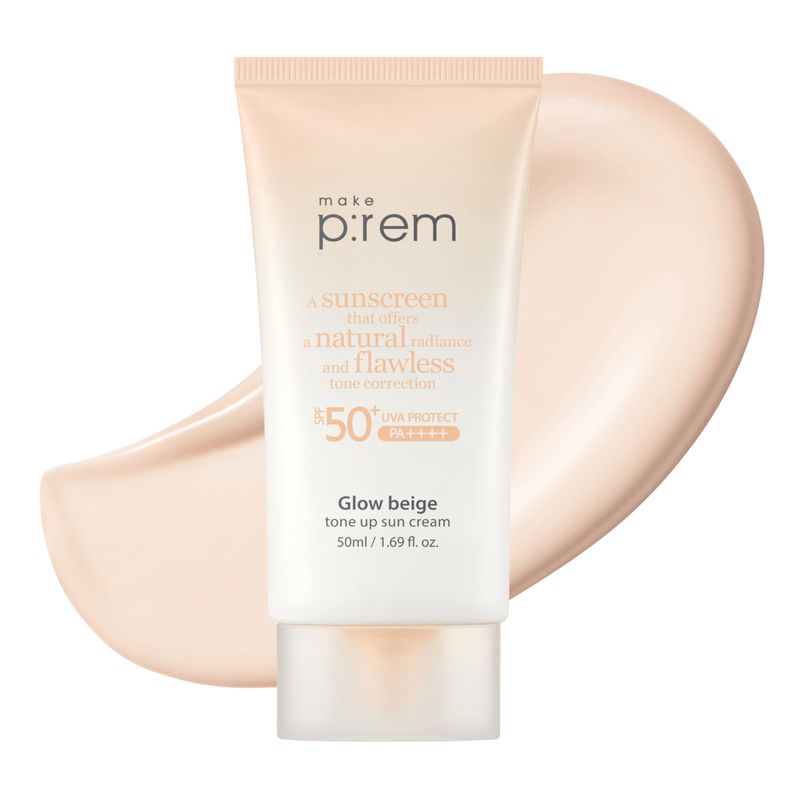 MAKE P:REM Glow Beige Tone Up Sunscreen, Foundation-Free Mineral Sunscreen, Skin Tone Correction, Lightweight, Korean Sunscreen, Korean Skin Care, SPF 50, 1.69 Fl. Oz. 50ml