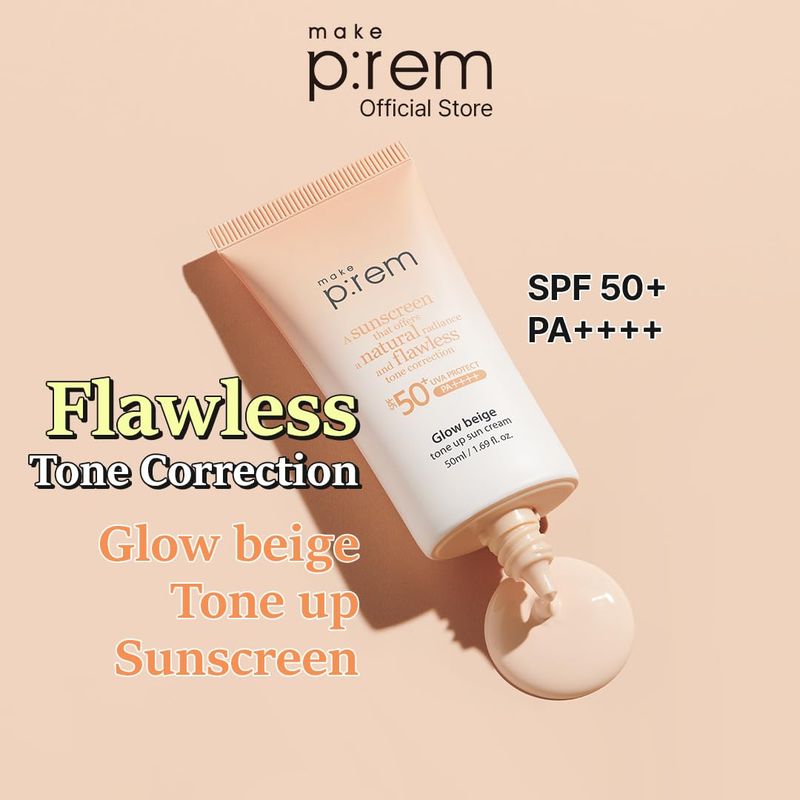 MAKE P:REM Glow Beige Tone Up Sunscreen, Foundation-Free Mineral Sunscreen, Skin Tone Correction, Lightweight, Korean Sunscreen, Korean Skin Care, SPF 50, 1.69 Fl. Oz. 50ml