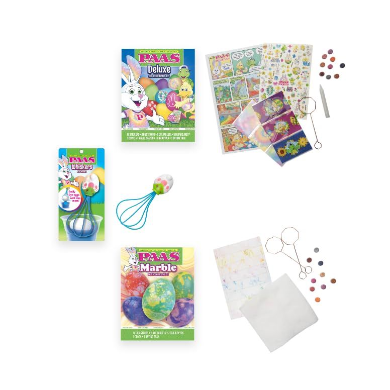 PAAS Easter Egg Decorating Bundle, Includes 1 Deluxe Kit, 1 Marble Egg Dying Kit, and PAAS Whiskers for Easy Easter Egg Dying, Food Safe Dye for Family Easter Activity (3 Piece Bundle)
