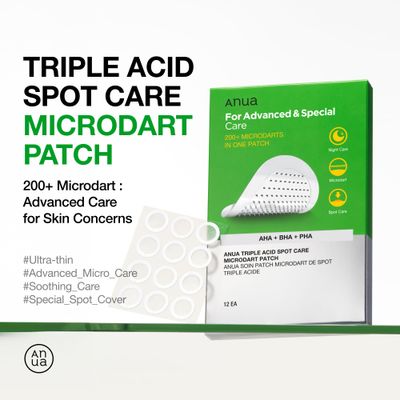 Auna Triple Acid Spot Care Microdart Patch, Deep, Early Stage Spot, 200 Microdarts with AHA BHA PHA, Centella, Hydrocolloid Patch for Overnight, Non-Comedogenic, Korean Skin Care (12ea)