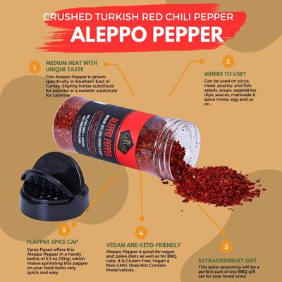 Cerez Pazari Aleppo Pepper Moderate Heat 150 gr Crushed Turkish Red Chili Pepper-Aleppo Chili Flakes,Maras Chili Pepper Halaby Pepper Syrian Pepper Middle Eastern Red Pepper