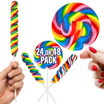 24 Rainbow Lollipops Individually Wrapped Non Broken 12 Large Swirl Lollipop 3&quot; and 12 Large Twisty Pops, Perfect Suckers for Gift, and Holiday Decorations,