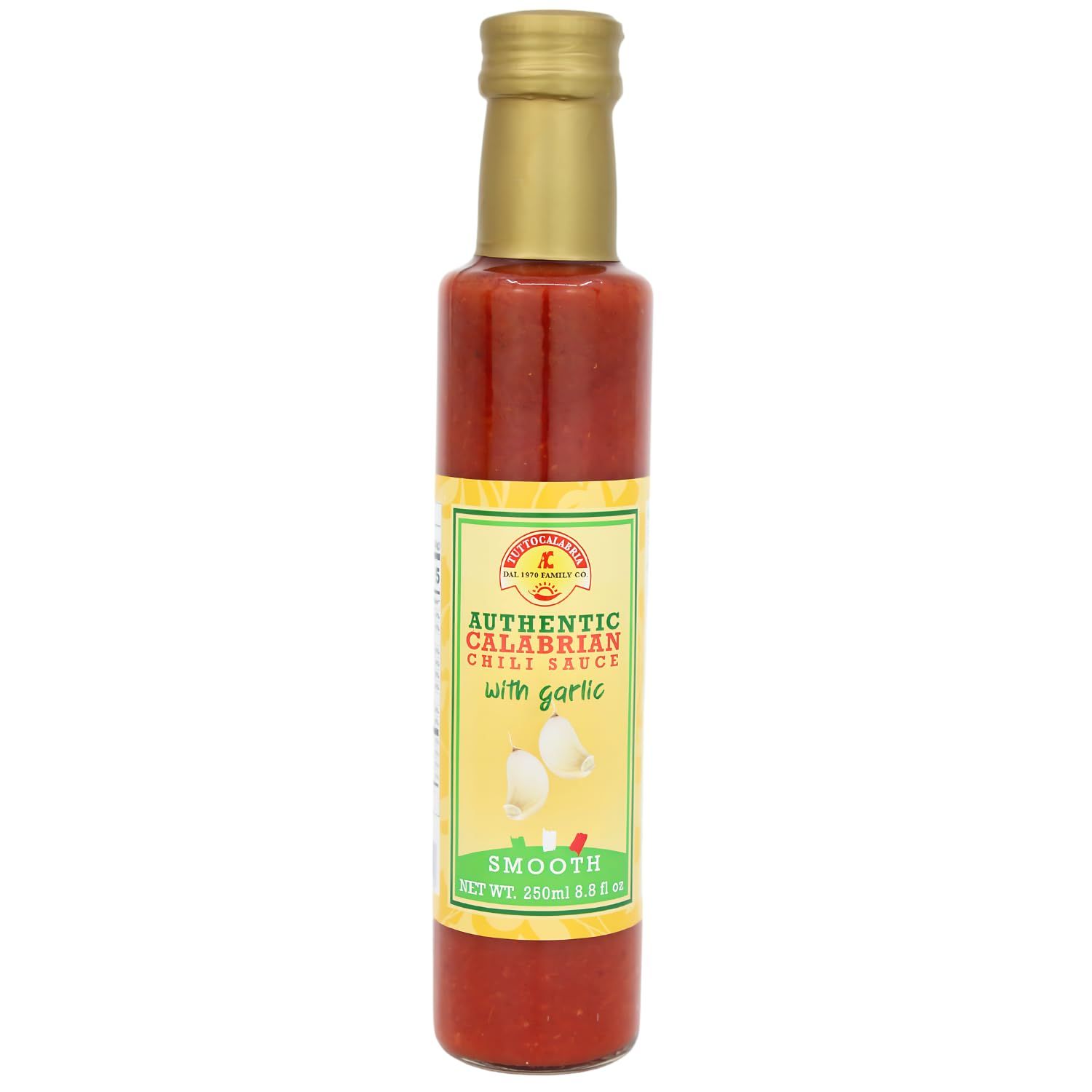 TUTTOCALABRIA Smooth Calabrian Chili Hot Sauce with Garlic, Heat Scale: Medium/Hot Auhentic Smooth Calabrian Chili Pepper Sauce with Garlic, Madewith Calabrian Chili Peppers, Product of Italy, 250 ML