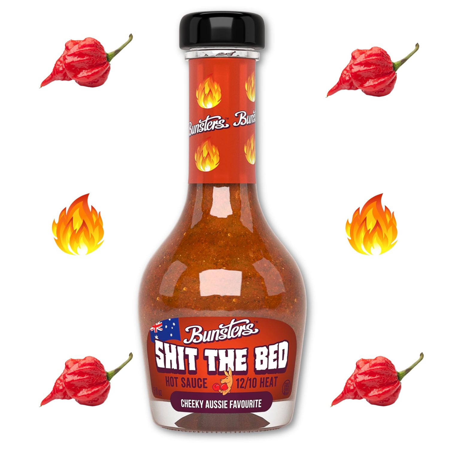Bunsters Shit The Bed 12/10 Heat Hot Sauce - Chili Pepper with Aussie Fruit and Veg Plant Based, GMO, Gluten Free Comes in a Custom Made Champagne-Inspired Bottle