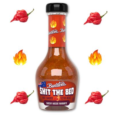 Bunsters Shit The Bed 12/10 Heat Hot Sauce - Chili Pepper with Aussie Fruit and Veg Plant Based, GMO, Gluten Free Comes in a Custom Made Champagne-Inspired Bottle