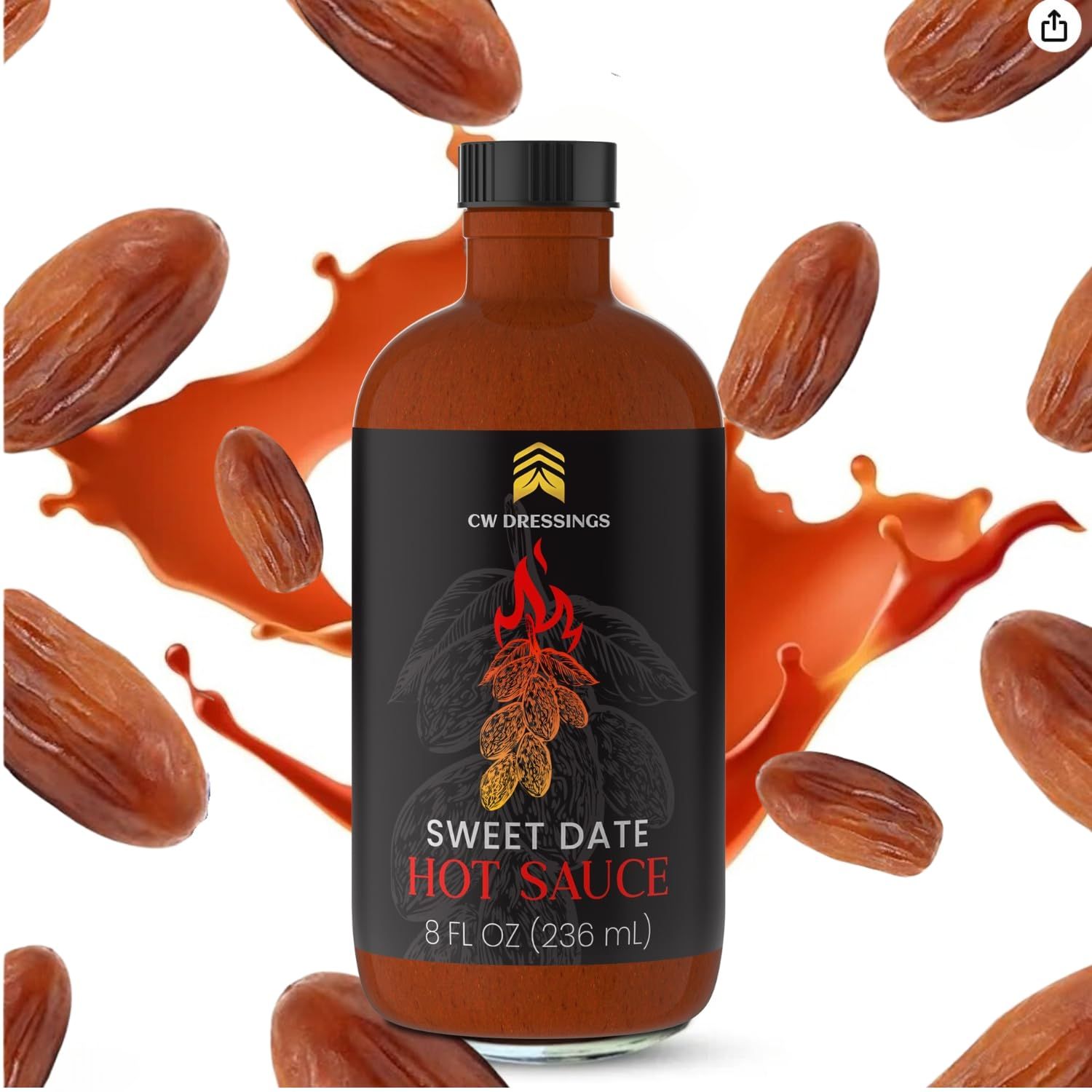 CW Dressings - Award-Winning Hot Sauce - Sweetened w/Deglet Nour Date Syrup Vine Ripened Tomatoes, Cayenne, Chipotle, Scotch Bonnet, Guajillo &amp; Black Peppers 8 Oz