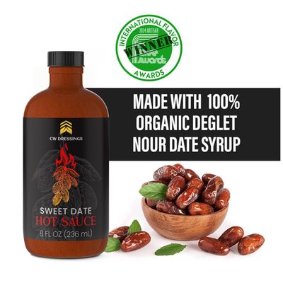 CW Dressings - Award-Winning Hot Sauce - Sweetened w/Deglet Nour Date Syrup Vine Ripened Tomatoes, Cayenne, Chipotle, Scotch Bonnet, Guajillo &amp; Black Peppers 8 Oz