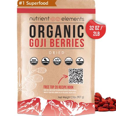 Nutrient Elements 32oz Organic Raw Dried Goji Berries - USDA Certified, Non GMO, Large Berries with Recipes E-Book