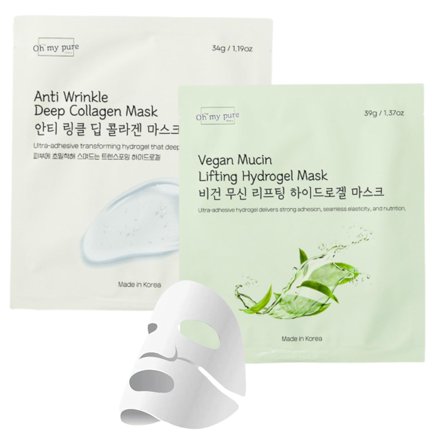 OHMYPURE Hydrogel Collagen Face Mask Korean Skin Care Luxury Duo 2 EA(AntiWrinkle 1, Vegan Mucin 1)