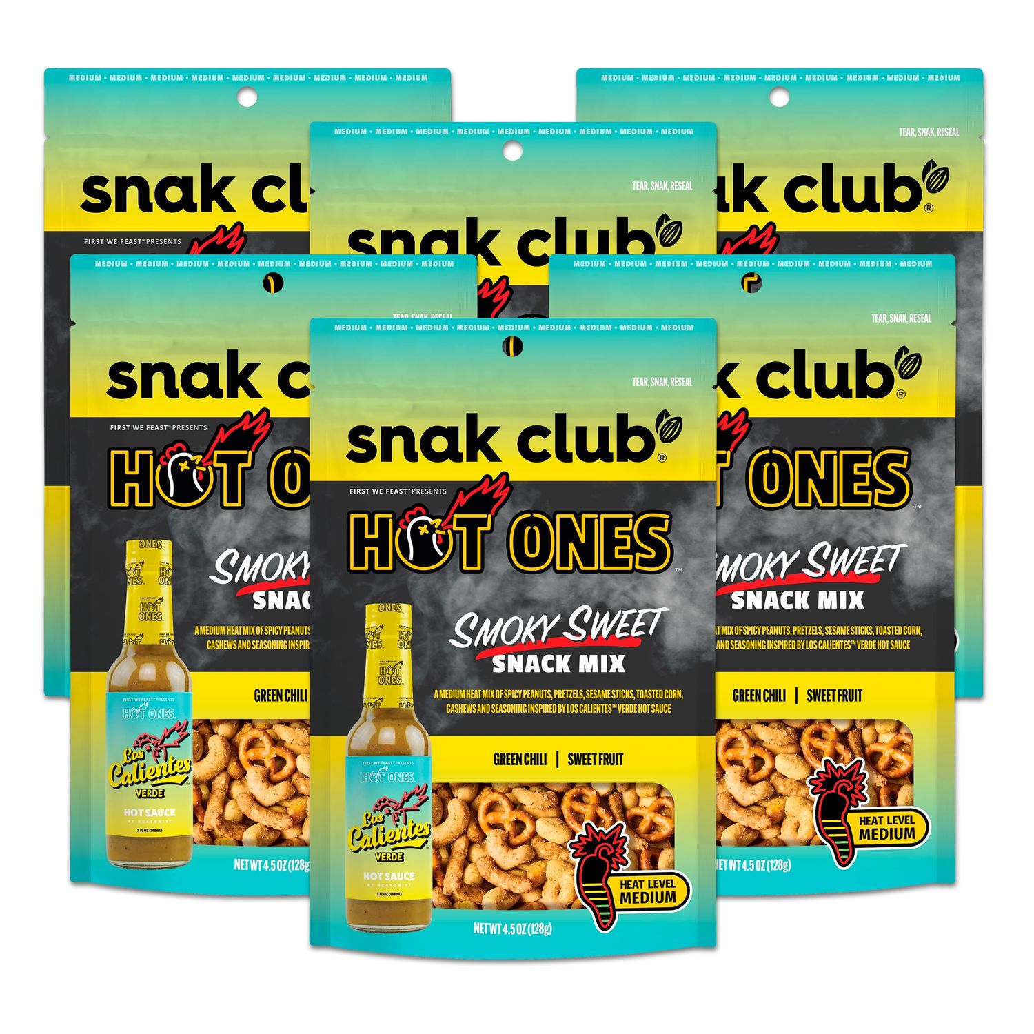 Snak Club x Hot Ones Smoky Sweet Snack Mix, Spicy Snacks with Peanuts, Pretzels, Sesame Sticks, Toasted Corn &amp; Cashews, Inspired by Hot Ones Hot Sauce, 4.5 oz Resealable Bag (6 Count)