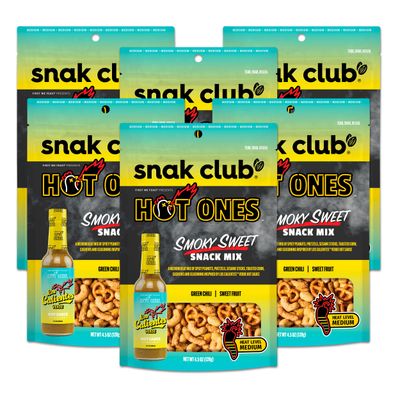 Snak Club x Hot Ones Smoky Sweet Snack Mix, Spicy Snacks with Peanuts, Pretzels, Sesame Sticks, Toasted Corn &amp; Cashews, Inspired by Hot Ones Hot Sauce, 4.5 oz Resealable Bag (6 Count)