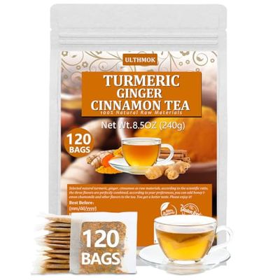 120 Premium Turmeric, Ginger, Cinnamon Blend Tea Bags, 100% Natural &amp; No Additives &amp; Caffeine Free.