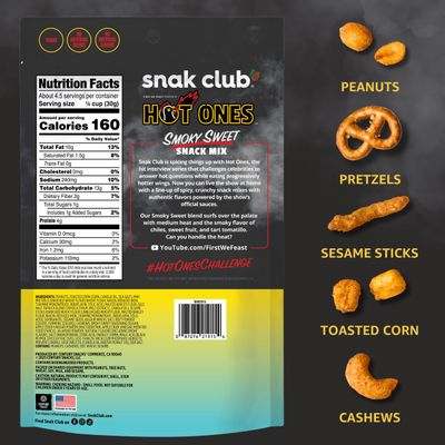 Snak Club x Hot Ones Smoky Sweet Snack Mix, Spicy Snacks with Peanuts, Pretzels, Sesame Sticks, Toasted Corn &amp; Cashews, Inspired by Hot Ones Hot Sauce, 4.5 oz Resealable Bag (6 Count)