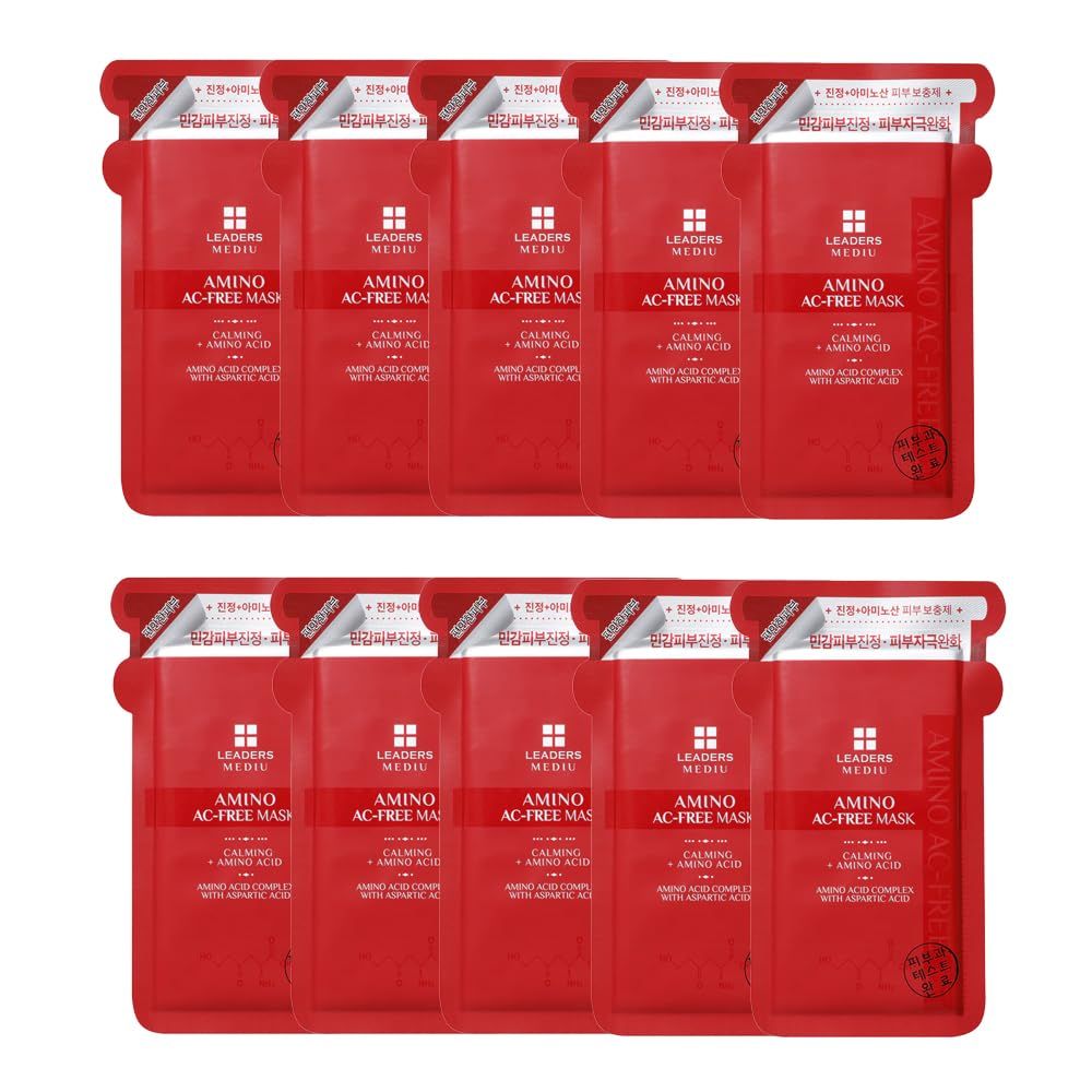 Leaders Mediu Amino AC-FREE Acne Control Facial Sheet Mask AHAs, BHAs, Salicylic Acid, Snail Secretion, Chamomile For Oily, Acne-Prone Skin, Reduces Blemishes (10 Sheets)