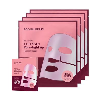 EQQUALBERRY Collagen Pore-Tight Up Mask - PDRN &amp; Low Molecular Collagen for Pore Minimizing and Firming Korean Collagen Face Mask for Glass Skin Glow House Used, 4 Sheets, 1.01 OZ.