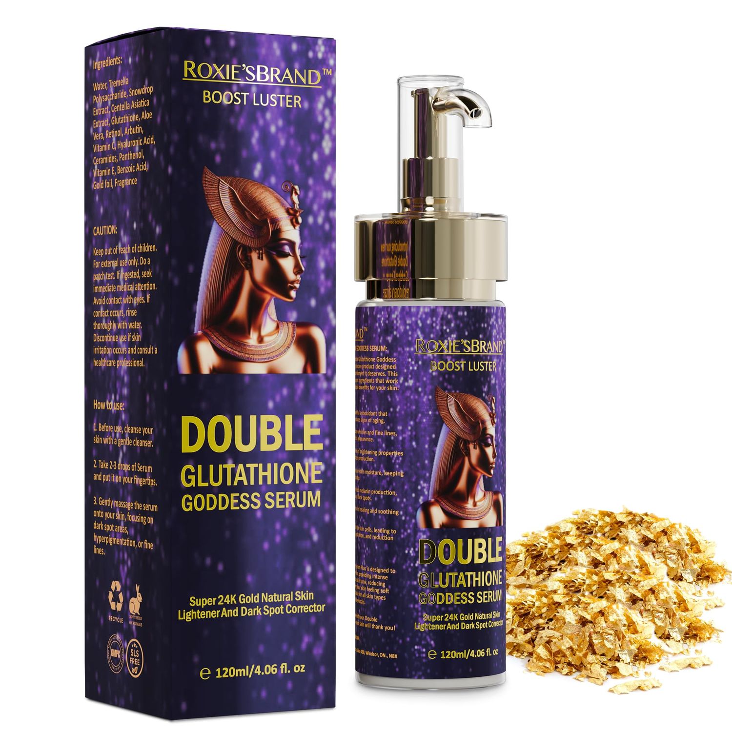 ROXIE&#39;SBRAND Serum: 2% Glutathione, 1.0% Retinol, 1.0% Vitamin C, 1.0% Hyaluronic Acid, 1% Arbutin, 24k Gold Boost Luster Double Gluta Goddess Serum (120ml /4.06 fl. oz.)