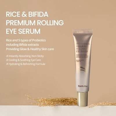 Farmstay Rice &amp; Bifida Premium Rolling Eye Serum with Niacinamide, Dark Spot Remover Correcting, Cooling &amp; Soothing Eye Cream for Puffy, for Women &amp; Men, Korean Skin Care, 0.84 fl. oz.