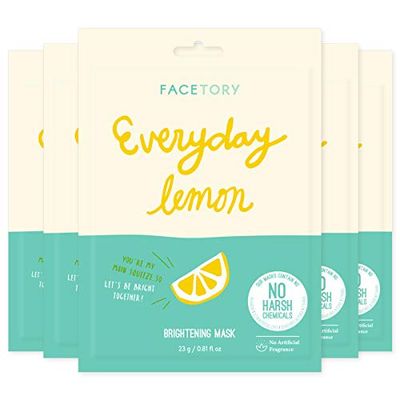 FACETORY K Beauty Face Mask Skin Care - Everyday LEMON Brightening Sheet Mask Plant-Based with Lemon Extract (5 Pack)
