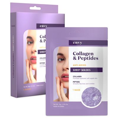 Envy Collagen &amp; Peptides Sheet Face Mask - Hydrating, Anti-Aging &amp; Reduces Acne Scars &amp; Wrinkles - Dermatologist Tested, Clean Beauty Korean Skin Care for All Skin Types - 5 Masks