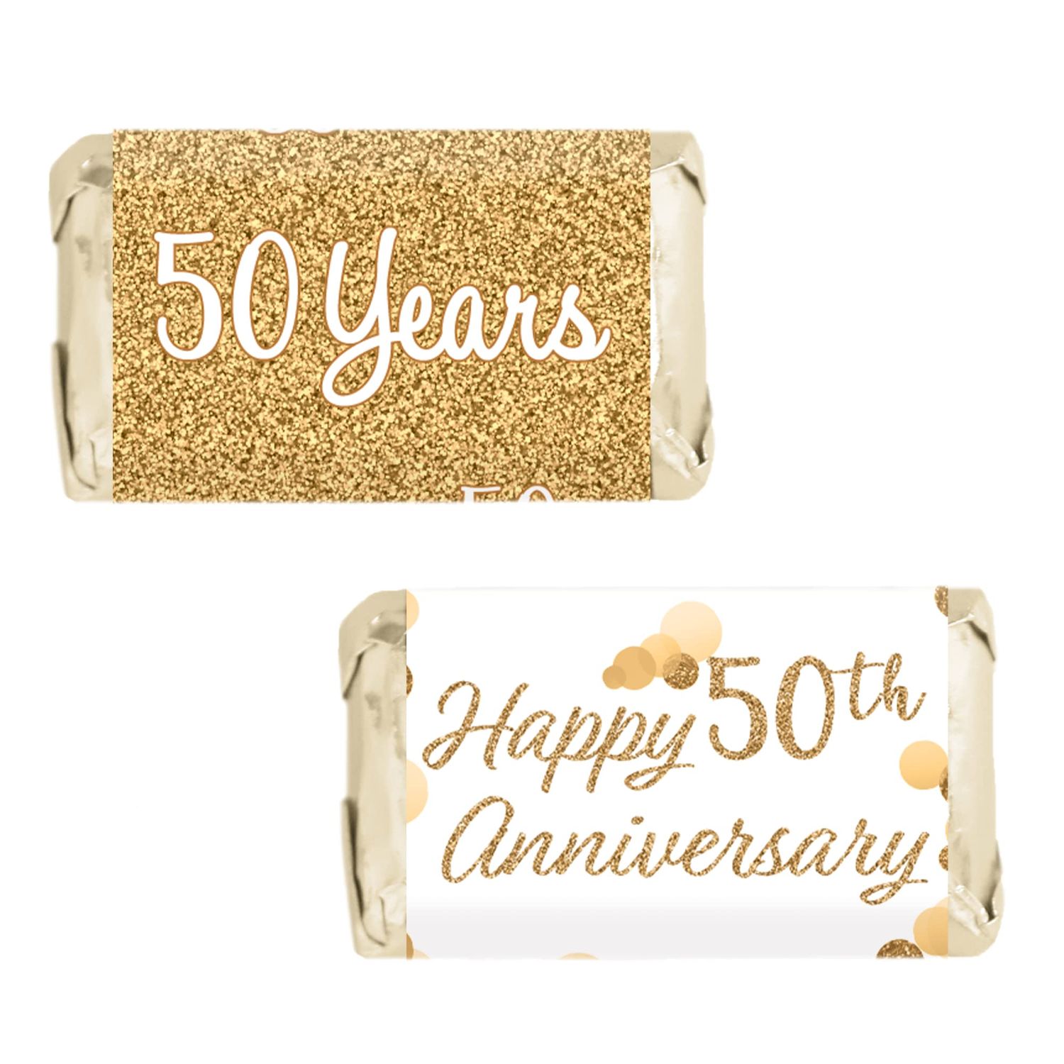 Gold 50th Anniversary Mini Candy Bar Wrappers - 45 Stickers, 50th Wedding or Business Anniversary Decorations