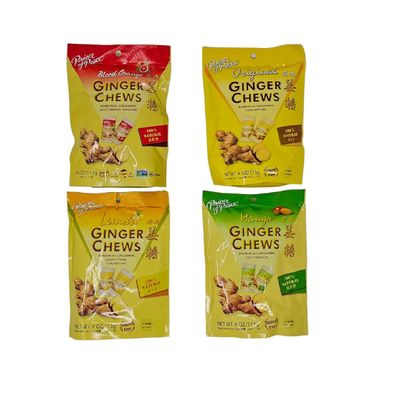100% Natural Ginger Chews 4 Flavor Variety - 1 each: Original, Lemon, Blood Orange, Mango (4 OZ)